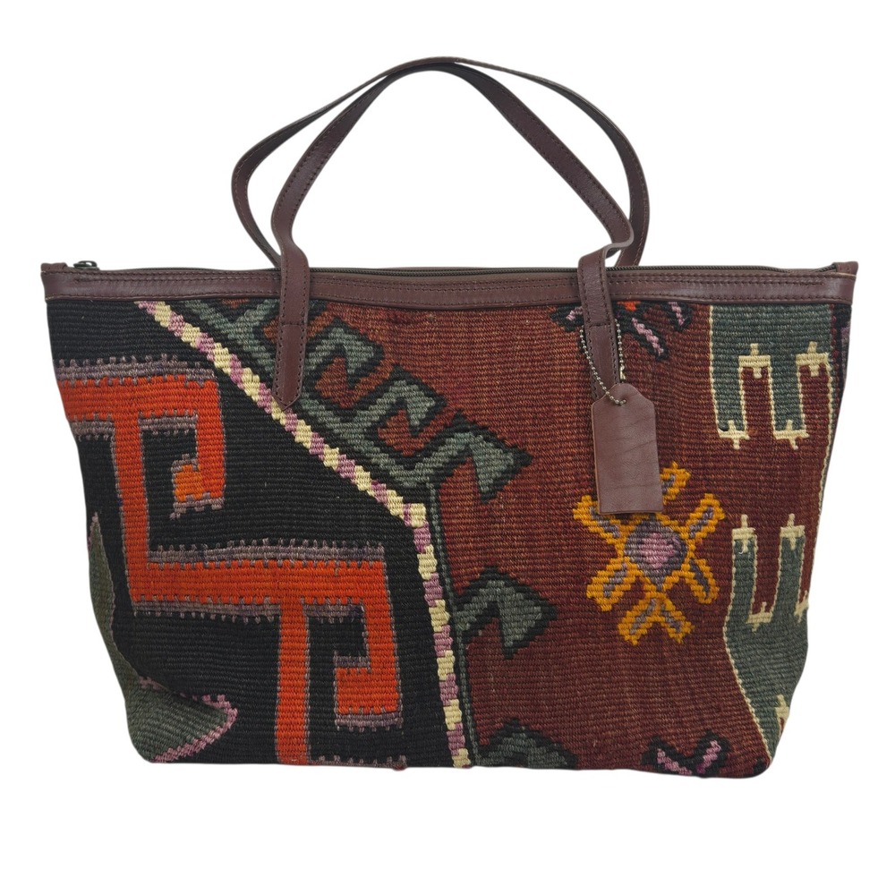 Vtg Turkish Kilim Carpet Tote Bag 18x11 Boho Geometric Wool Leather Shoulder Bag